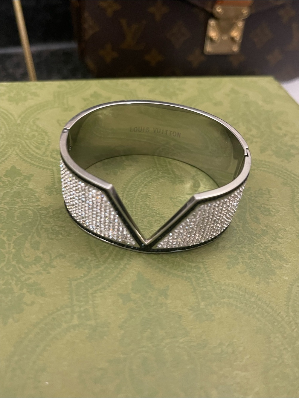 Louis Vuitton Silver Crystal V-Edge Pavé Bangle